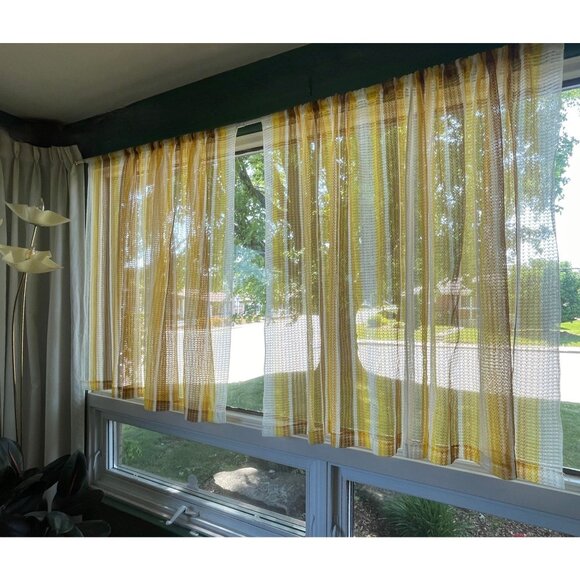Vintage 70s curtains, white, yellow, orange stripes, tiebacks, price for a pair - Picture 6 of 8